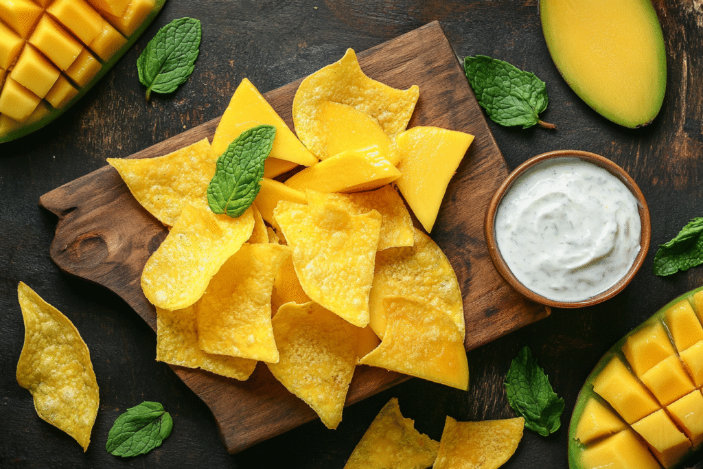 A platter of crispy DIY Mango Sticky Rice Chips arranged with fresh mango and a coconut dipping sauce
