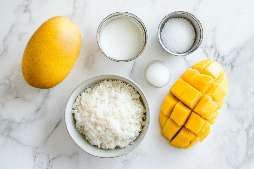 Ingredients for DIY Mango Sticky Rice Chips including glutinous rice, mangoes, and coconut milk