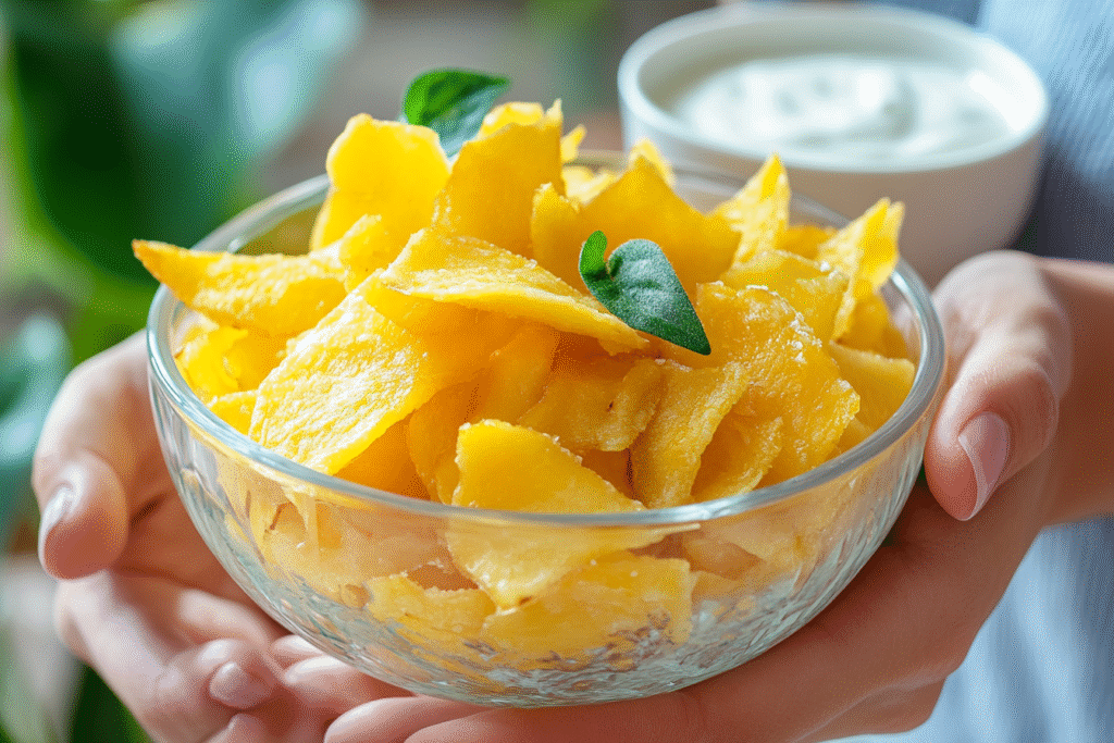 Serving a bowl of homemade DIY Mango Sticky Rice Chips with a side of coconut cream dip