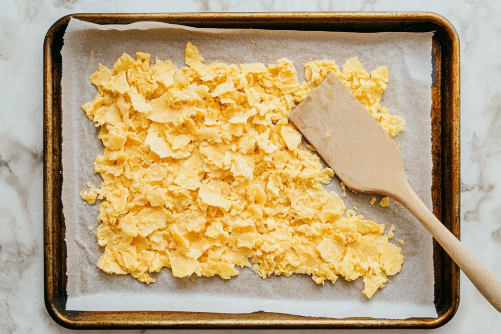 Spreading the DIY Mango Sticky Rice Chips mixture onto a baking sheet before dehydrating