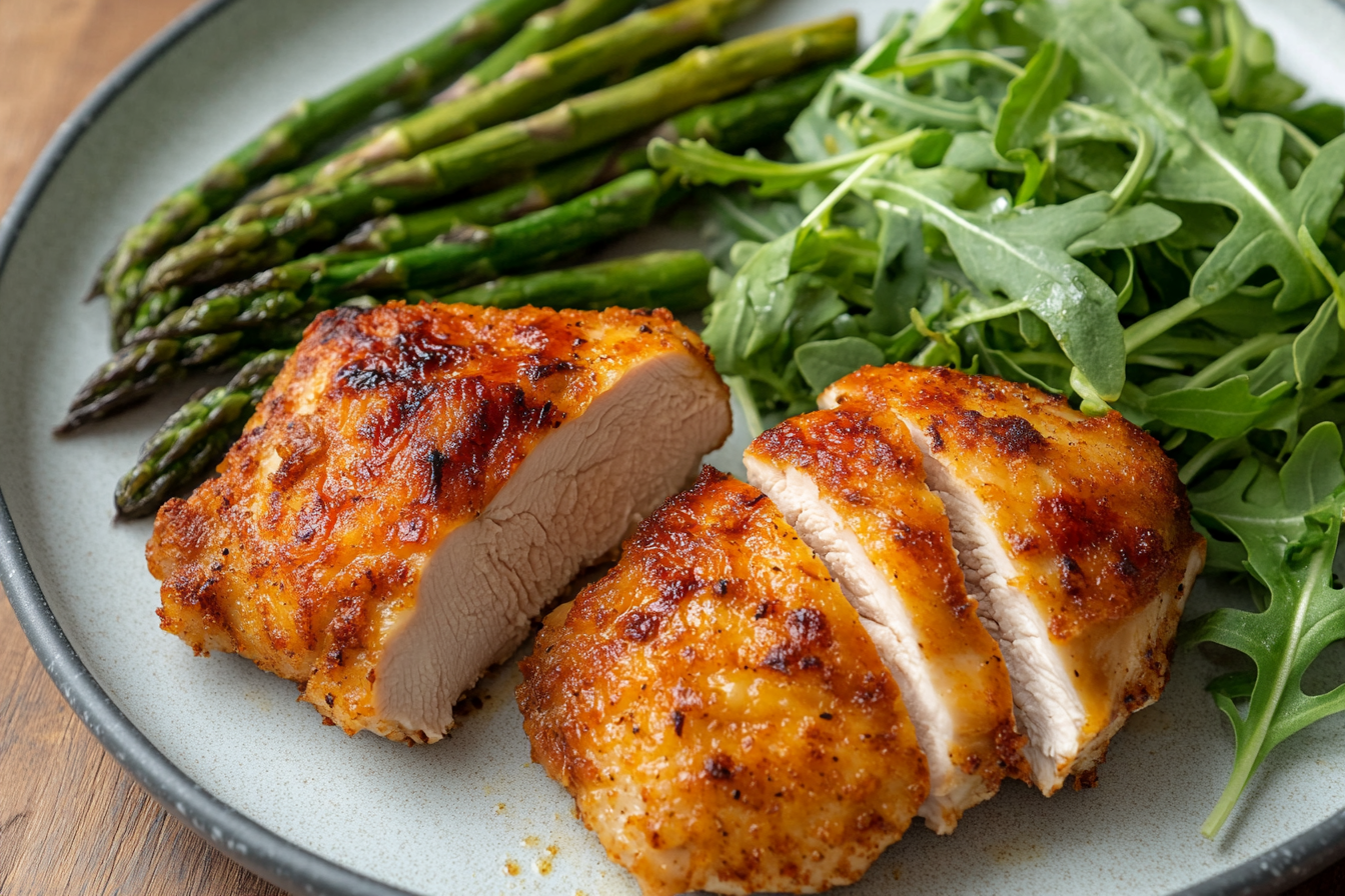 A plate showing an easy air fryer keto chicken dinner with asparagus and salad.