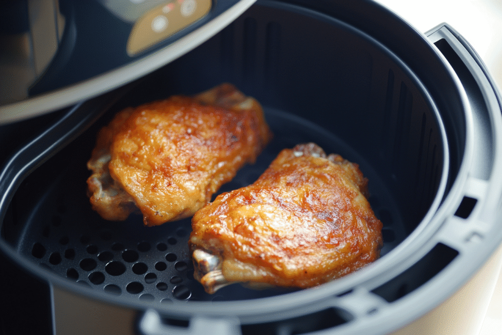 Chicken cooking in the air fryer basket for the easy air fryer keto dinner.